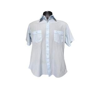 Vintage Textured Stripe Short Sleeve Button-Up Shirt Light Blue Relaxed 80s M